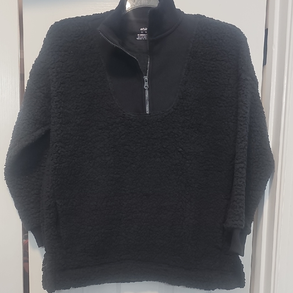 Aerie Womens Black Zip-Up Sherpa Pullover With Pockets Size Xs - Picture 1 of 6
